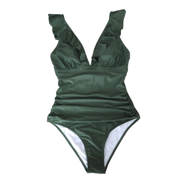 Cupshe One Piece Swimsuit Olive Green Ruffle VNeck Lace Up Back Small - Picture 1 of 11